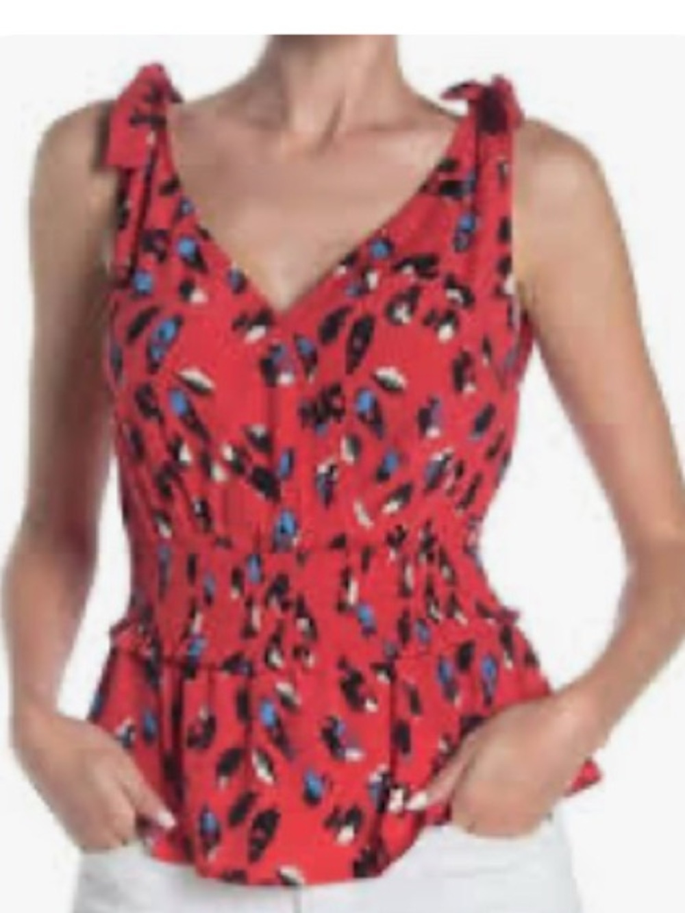 Elodie Red Tie-Shoulder V-Neck Peplum Tank with Multi-Color Print